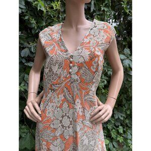 1960's Metallic Evening Gown Orange Brown & Silver Floral Feather Maxi V-Neck /